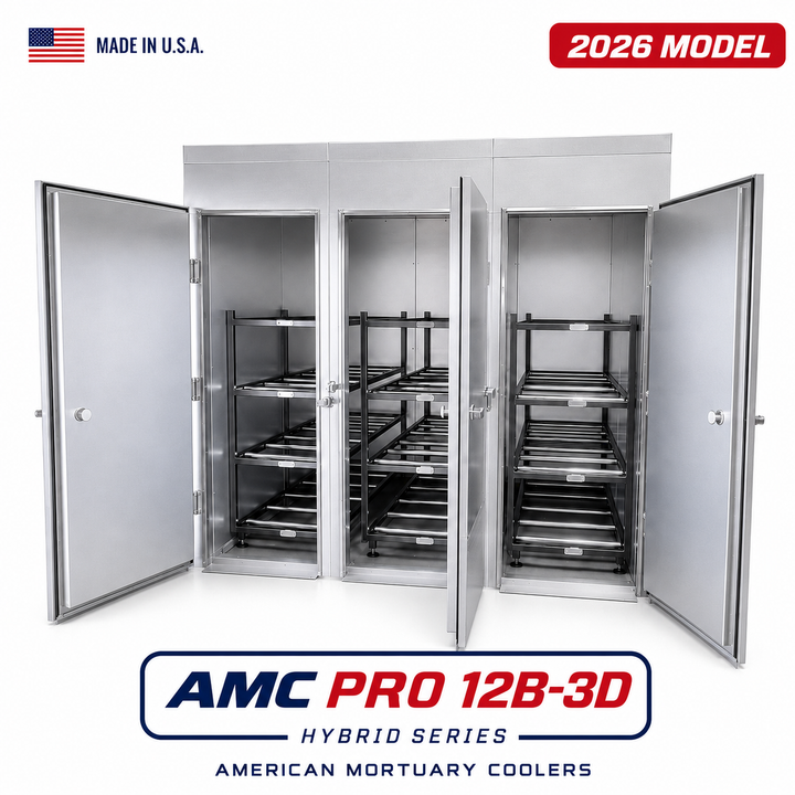 12 Body Triple-Door Mortuary Cooler — Upright Mortuary Cooler by American Mortuary Coolers, image 1