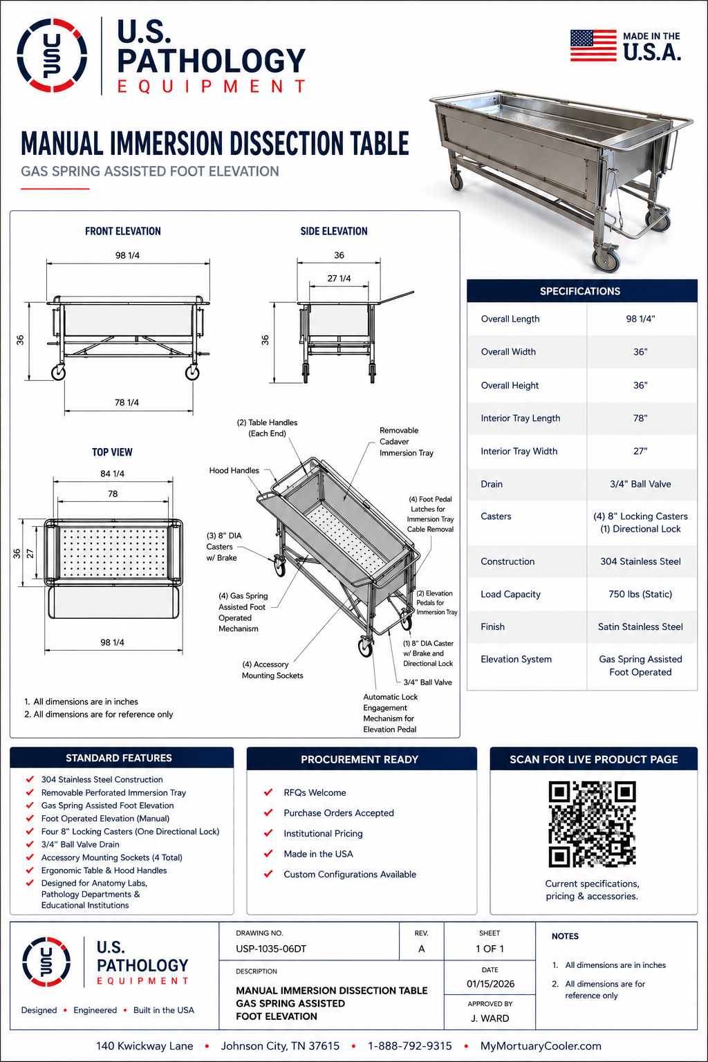 Manual Immersion Dissection Table – Model 1035-03M — Immersion Table by U.S. Pathology Equipment, image 9 product view 9