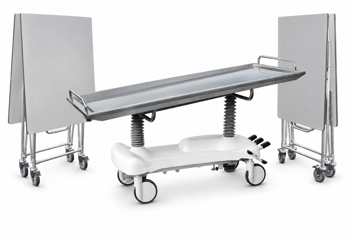 Hydraulic Embalming Table + Standard & XL Dressing Table Bundle — Embalming Table Bundle by American Mortuary Equipment, image 1